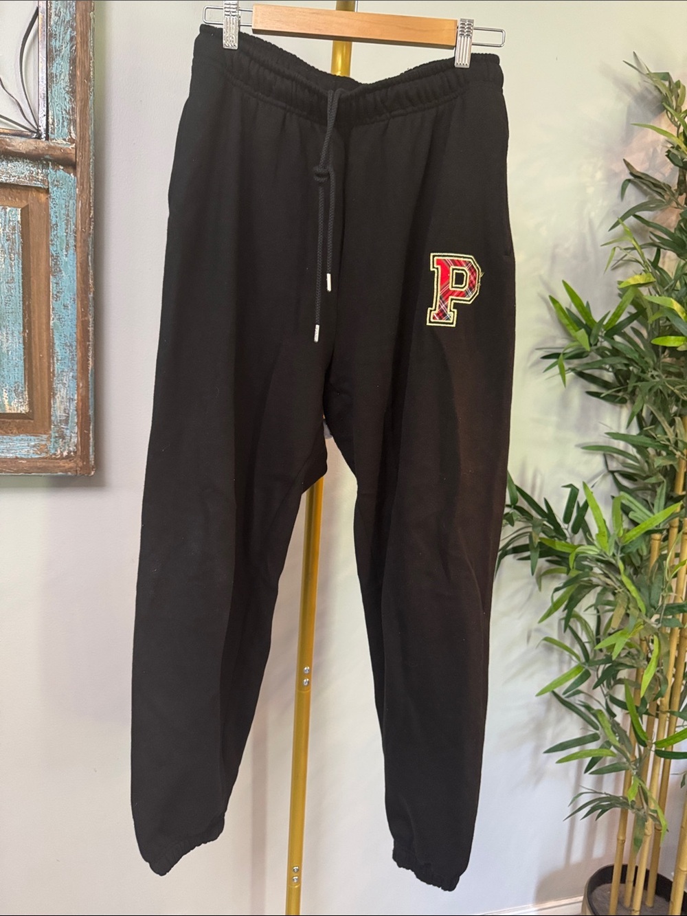 PINK Victoria's Secret Black Track Joggers with plaid Red & Gold 'P' Patch